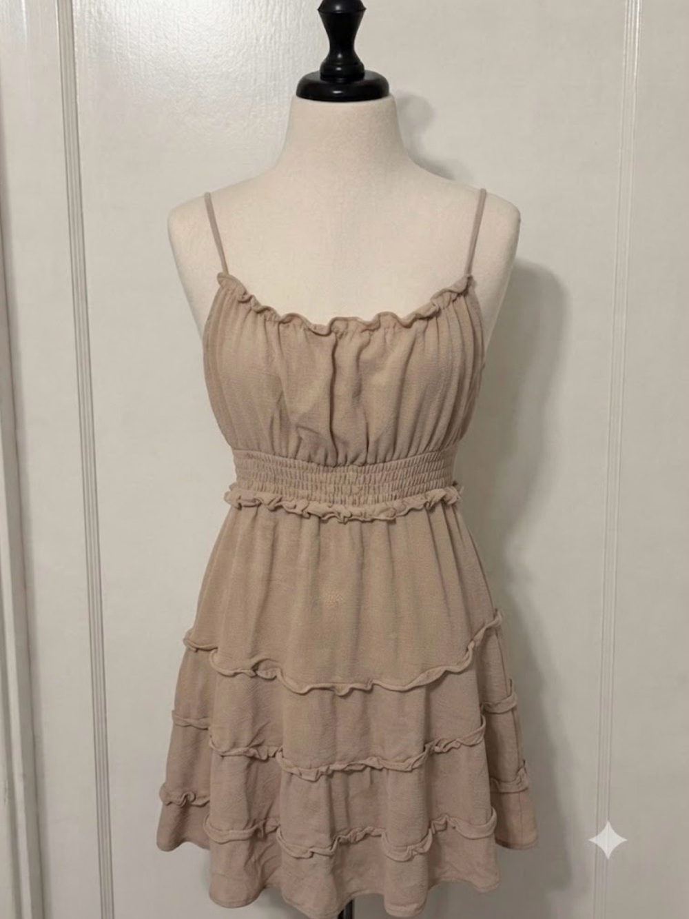 Smocked Tiered Spaghetti-Strap Blouse in Beige